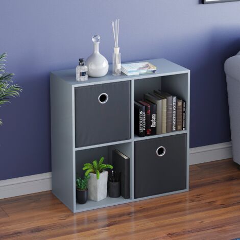 Durham 4 Cube Bookcase Shelf Wooden Display Storage Rack Free Standing Shelf Unit, Grey-2-Black-Baskets