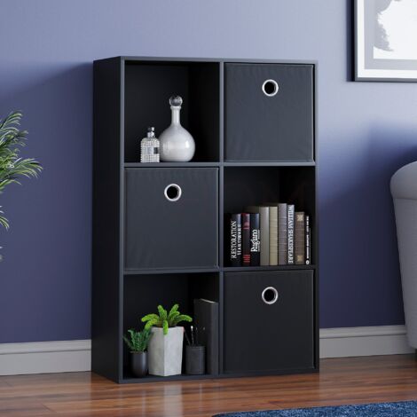 Durham 6 Cube Bookcase Shelf Wooden Display Storage Rack Free Standing Shelf Unit, Black-3-Black-Baskets