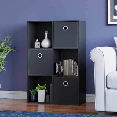 Durham 6 Cube Bookcase Shelf Wooden Display Storage Rack Free Standing Shelf Unit, Black-3-Black-Baskets