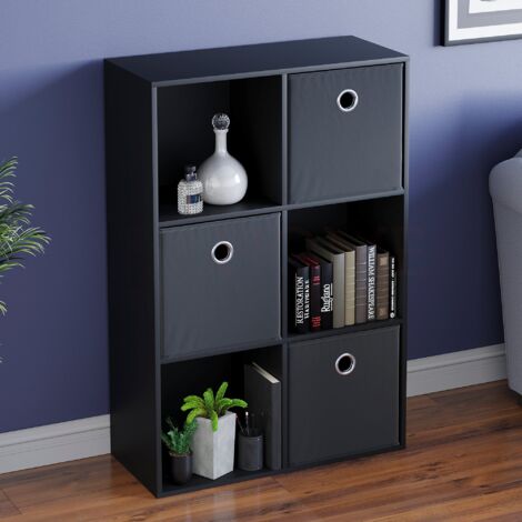 Durham 6 Cube Bookcase Shelf Wooden Display Storage Rack Free Standing Shelf Unit, Black-3-Black-Baskets