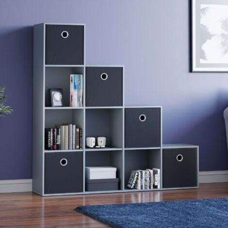 Durham 10 Cube Bookcase Staircase Shelf Wooden Display Storage Rack Free Standing Shelf Unit, Grey-5-Black-Baskets
