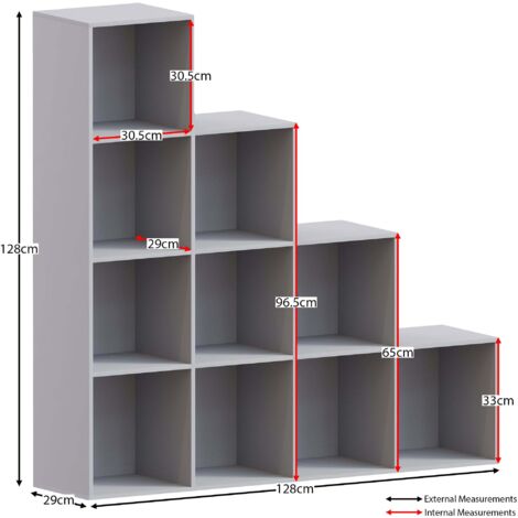 Durham 10 Cube Bookcase Staircase Shelf Wooden Display Storage Rack Free Standing Shelf Unit, Grey-5-Black-Baskets