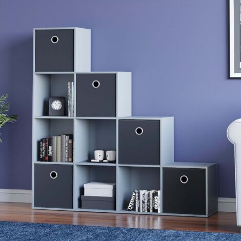 Durham 10 Cube Bookcase Staircase Shelf Wooden Display Storage Rack Free Standing Shelf Unit, Grey-5-Black-Baskets