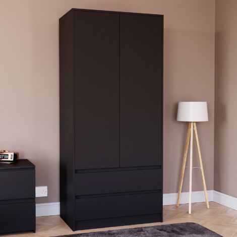 Denver 2 Door Wardrobe With 2 Drawers and Hanging Rail Bedroom Furniture, Black
