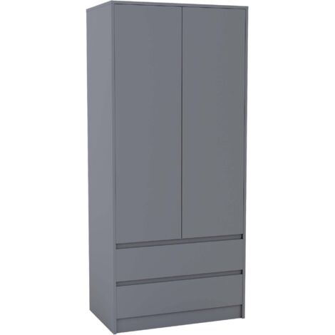 Denver 2 Door Wardrobe With 2 Drawers and Hanging Rail Bedroom Furniture, Grey