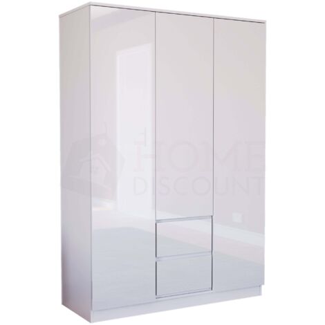 Glinton 3 Door 2 Drawer Wardrobe High Gloss With Hanging Rail & Storage Shelf, 100% FSC, White