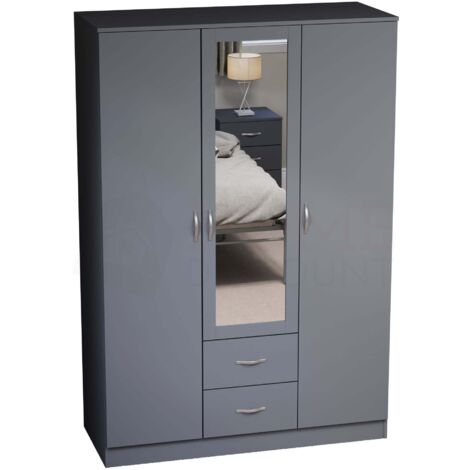 Riano 3 Door 2 Drawer Mirrored Wardrobes With Hanging Rail & Shelves, Grey