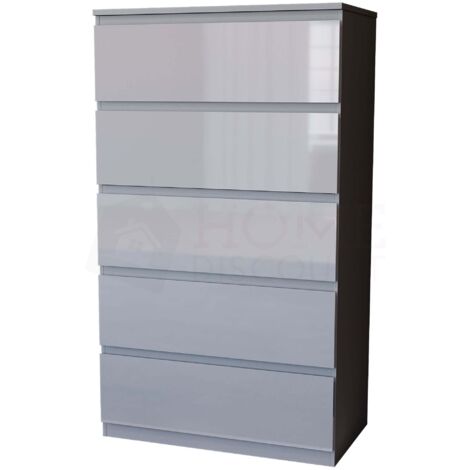 Glinton 5 Drawer Chest of Drawers High Gloss Bedroom Storage Furniture, 100% FSC, Grey