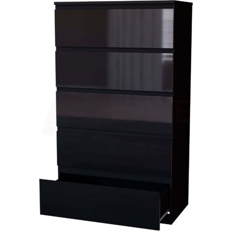 Glinton 5 Drawer Chest of Drawers High Gloss Bedroom Storage Furniture, 100% FSC, Black