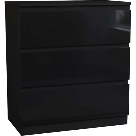 Glinton 3 Drawer Chest of Drawers High Gloss Bedroom Storage Furniture, 100% FSC, Black
