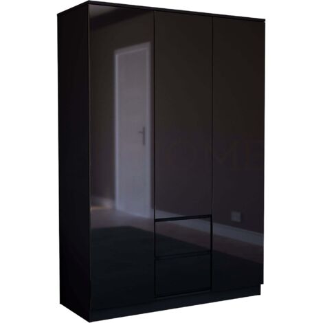 Glinton 3 Door 2 Drawer Wardrobe High Gloss With Hanging Rail & Storage Shelf, 100% FSC, Black
