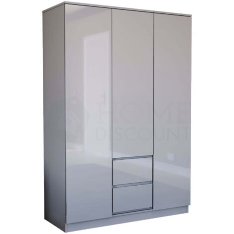 Glinton 3 Door 2 Drawer Wardrobe High Gloss With Hanging Rail & Storage Shelf, 100% FSC, Grey