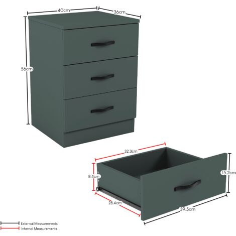 Riano 3 Drawer Bedside Table Cabinet Chest Nightstand Bedroom Furniture, Green