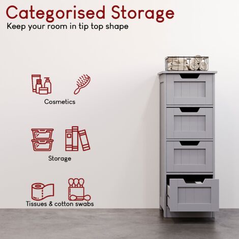 Priano 4 Drawer Freestanding Cabinet Bathroom Storage Cupboard, Grey