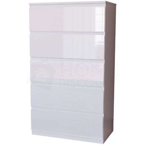 Glinton 5 Drawer Chest of Drawers High Gloss Bedroom Storage Furniture, 100% FSC, White