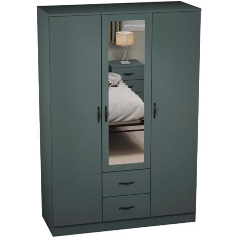 Riano 3 Door 2 Drawer Mirrored Wardrobes With Hanging Rail & Shelves, Green