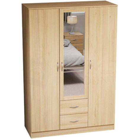 Riano 3 Door 2 Drawer Mirrored Wardrobes With Hanging Rail & Shelves, Pine