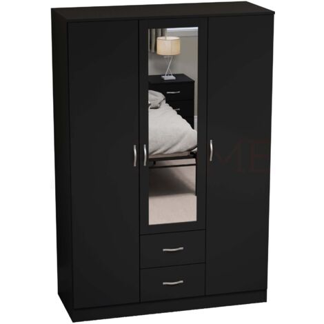 Riano 3 Door 2 Drawer Mirrored Wardrobes With Hanging Rail & Shelves, Black