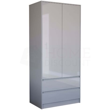 Glinton 2 Door 2 Drawer Wardrobe High Gloss With Hanging Rail & Storage Shelf, 100% FSC, Grey (1/5)