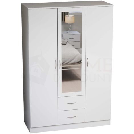 Riano 3 Door 2 Drawer Mirrored Wardrobes With Hanging Rail & Shelves, White