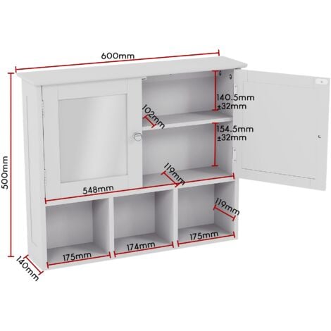 Priano 2 Door Bathroom Cabinet With 3 Shelves Mirrored Wall Mounted Cabinet, White