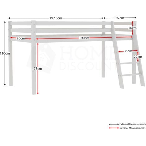Sydney 3ft Single Solid Pine Wood Bunk Bed, 90 x 190 cm, White