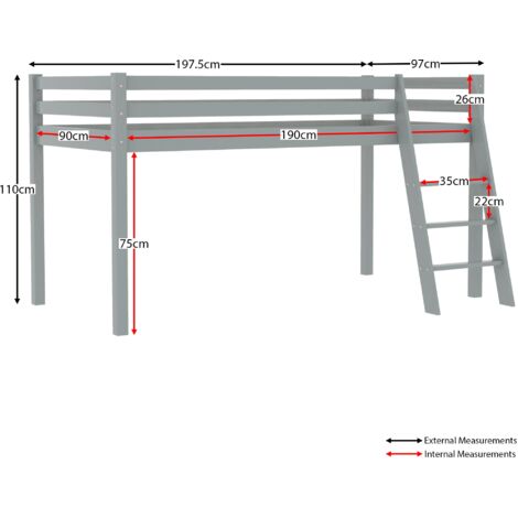 Sydney 3ft Single Solid Pine Wood Bunk Bed, 90 x 190 cm, Grey