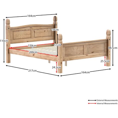 Corona 5ft King Size Solid Pine Wood Bed Frame, 150 x 200 cm, High-Foot-End