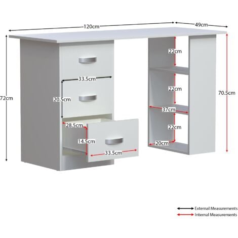 Mason Computer Desk 3 Drawer 3 Shelves PC Workstation Shelf Storage Home Office Table, White