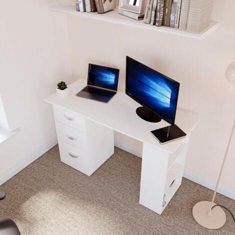 Mason Computer Desk 3 Drawer 3 Shelves PC Workstation Shelf Storage Home Office Table, White