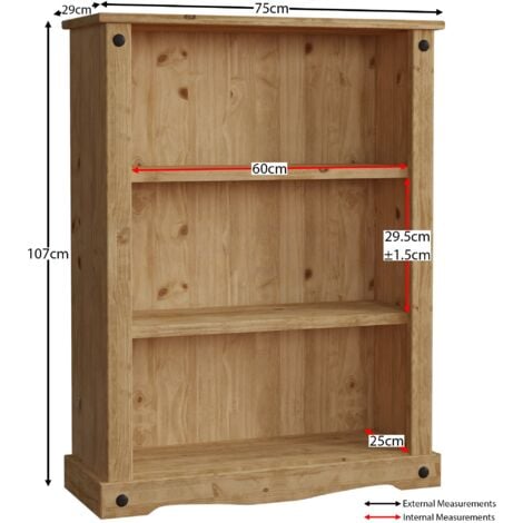 Corona 3 Tier Low Bookcase Solid Pine Shelving Storage Unit