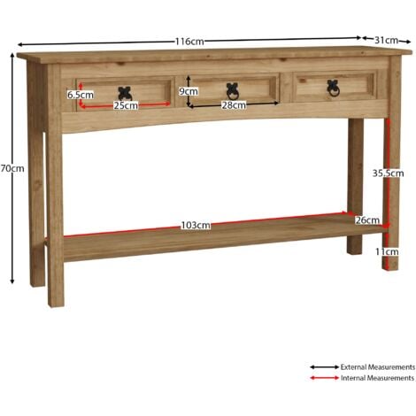 Corona 3 Drawer Console Table With Shelf Solid Pine Side End Hallway Table