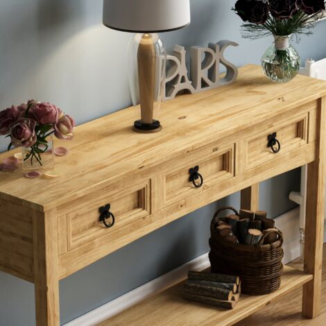 Corona 3 Drawer Console Table With Shelf Solid Pine Side End Hallway Table