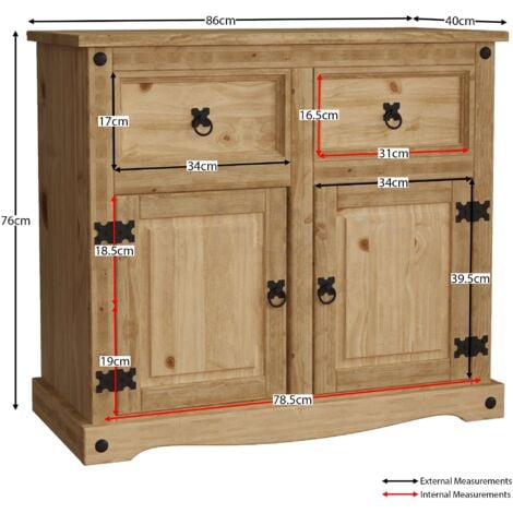 Corona Solid Pine Sideboard 2 Door 2 Drawer Cabinet Cupboard Storage