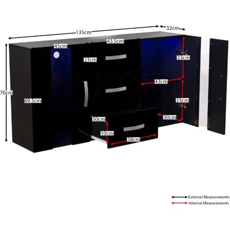 Astro LED Sideboard 2 Door 3 Drawer Modern High Gloss Storage Cabinet Cupboard, Black