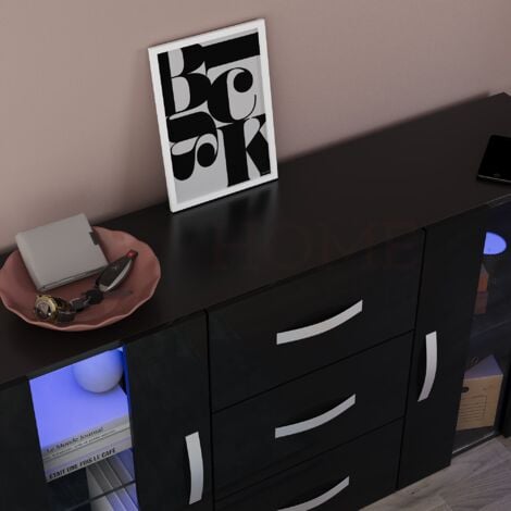 Astro LED Sideboard 2 Door 3 Drawer Modern High Gloss Storage Cabinet Cupboard, Black