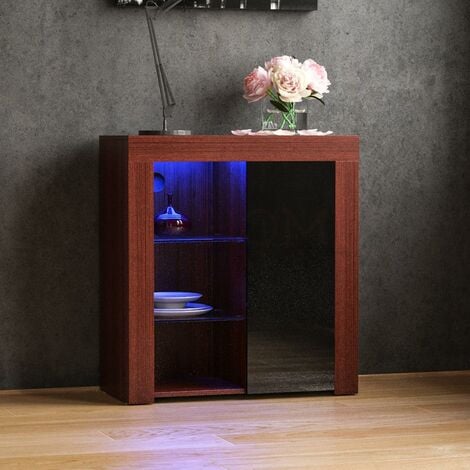 Azura LED Sideboard 1 Door Modern High Gloss Storage Cabinet Cupboard, Walnut & Black