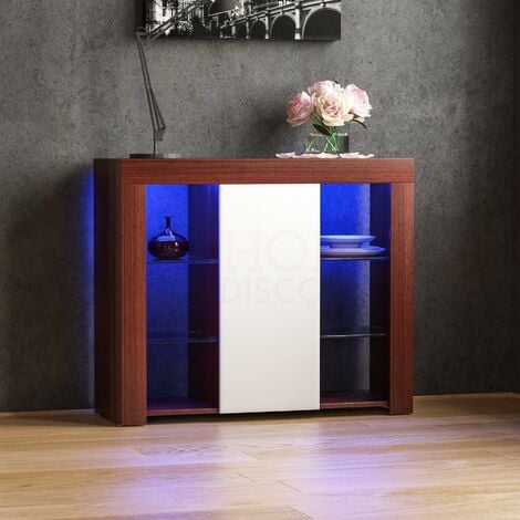 Azura LED Sideboard Large 1 Door Modern High Gloss Storage Cabinet Cupboard, Walnut & White