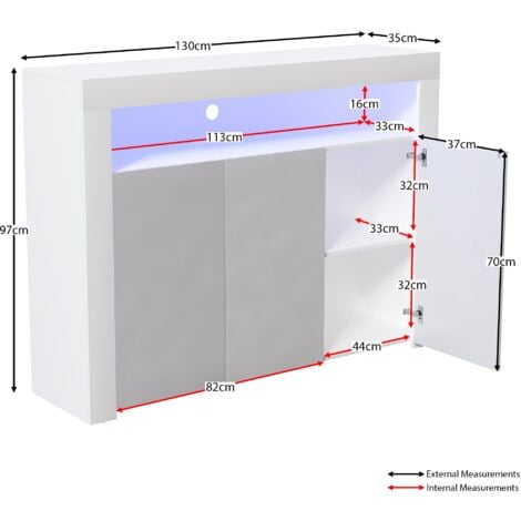 Nova LED Sideboard 3 Door Modern High Gloss Storage Cabinet Cupboard, White-&-Grey