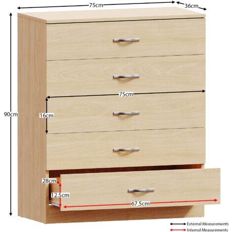 Riano 5 Drawer Chest of Drawers Bedroom Storage Furniture, Pine