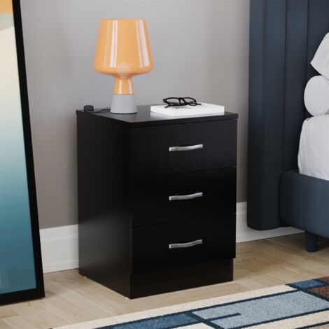 Riano 3 Drawer Bedside Table Cabinet Chest Nightstand Bedroom Furniture, Black