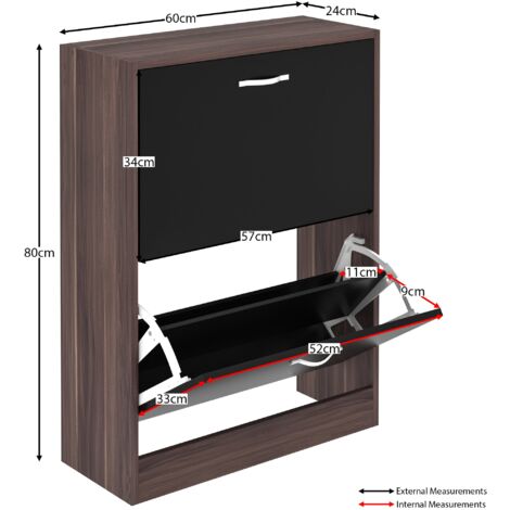 2 Drawer Shoe Cabinet Hallway Storage Cupboard Stand, Walnut-&-Black