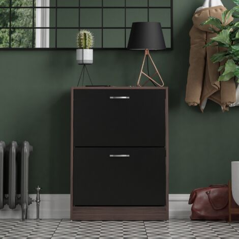 2 Drawer Shoe Cabinet Hallway Storage Cupboard Stand, Walnut-&-Black