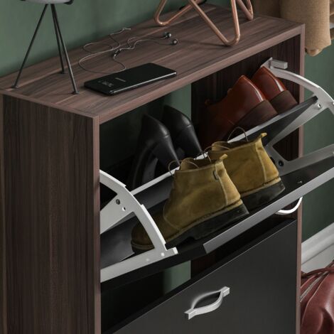 2 Drawer Shoe Cabinet Hallway Storage Cupboard Stand, Walnut-&-Black