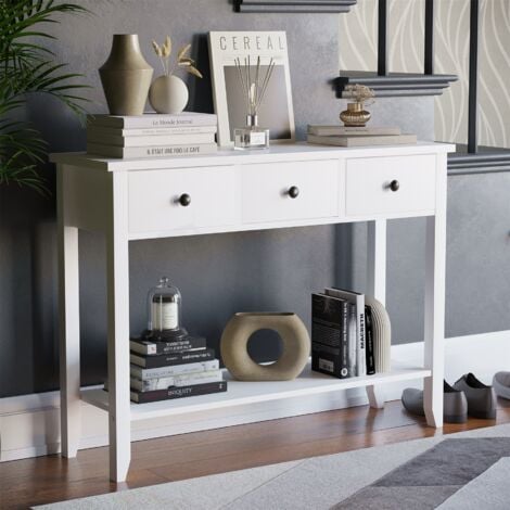 Windsor 3 Drawer Console Table With Shelf MDF Side End Hallway Table, White