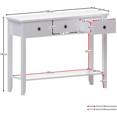 Windsor 3 Drawer Console Table With Shelf Side End Hallway Table, White