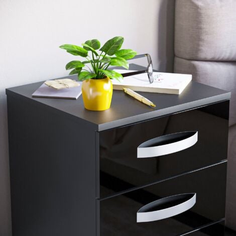 Hulio 3 Drawer Bedside Table High Gloss Cabinet Chest Nightstand Bedroom Furniture, Black