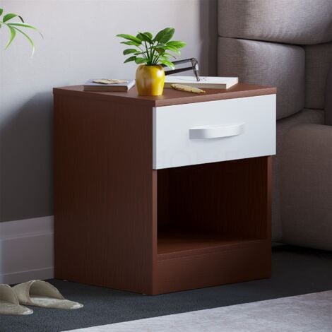 Hulio 1 Drawer Bedside Table High Gloss Cabinet Chest Nightstand Bedroom Furniture, Walnut & White