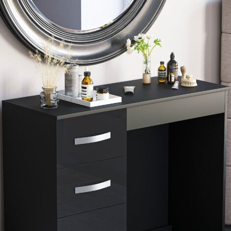 Hulio Dressing Table 3 Drawer High Gloss Makeup Vanity Storage Desk, Black