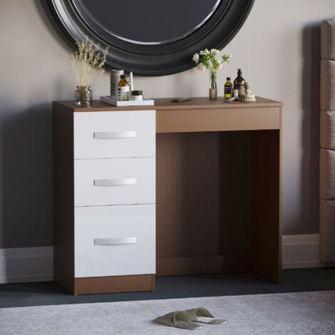 Hulio Dressing Table 3 Drawer High Gloss Makeup Vanity Storage Desk, Walnut-&-White